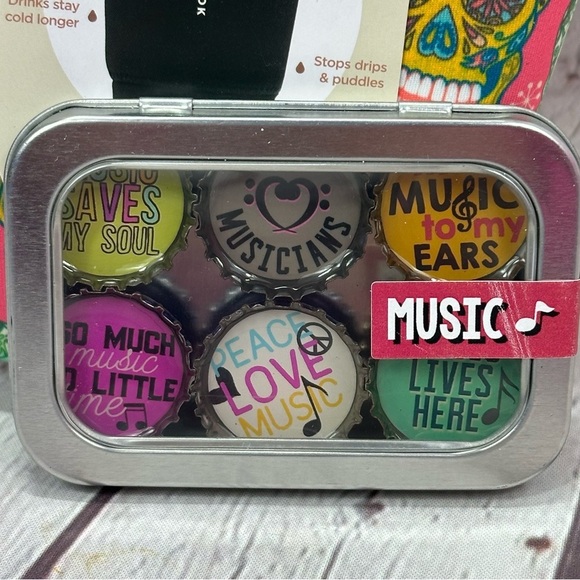 Colorful Skull Java Sok & music bottlecap magnets retro boho festival - Picture 2 of 6